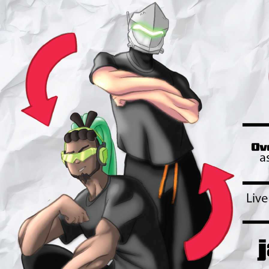 An illustration of two animated characters with a crumpled paper background. The character seated in front has dark skin, green hair in pigtails, wearing yellow gaming headphones and glasses, and smiling. The other character standing behind them has a robotic, stone-like head with glowing green visor, crossed arms, and is wearing a black t-shirt and black pants with orange drawstrings.