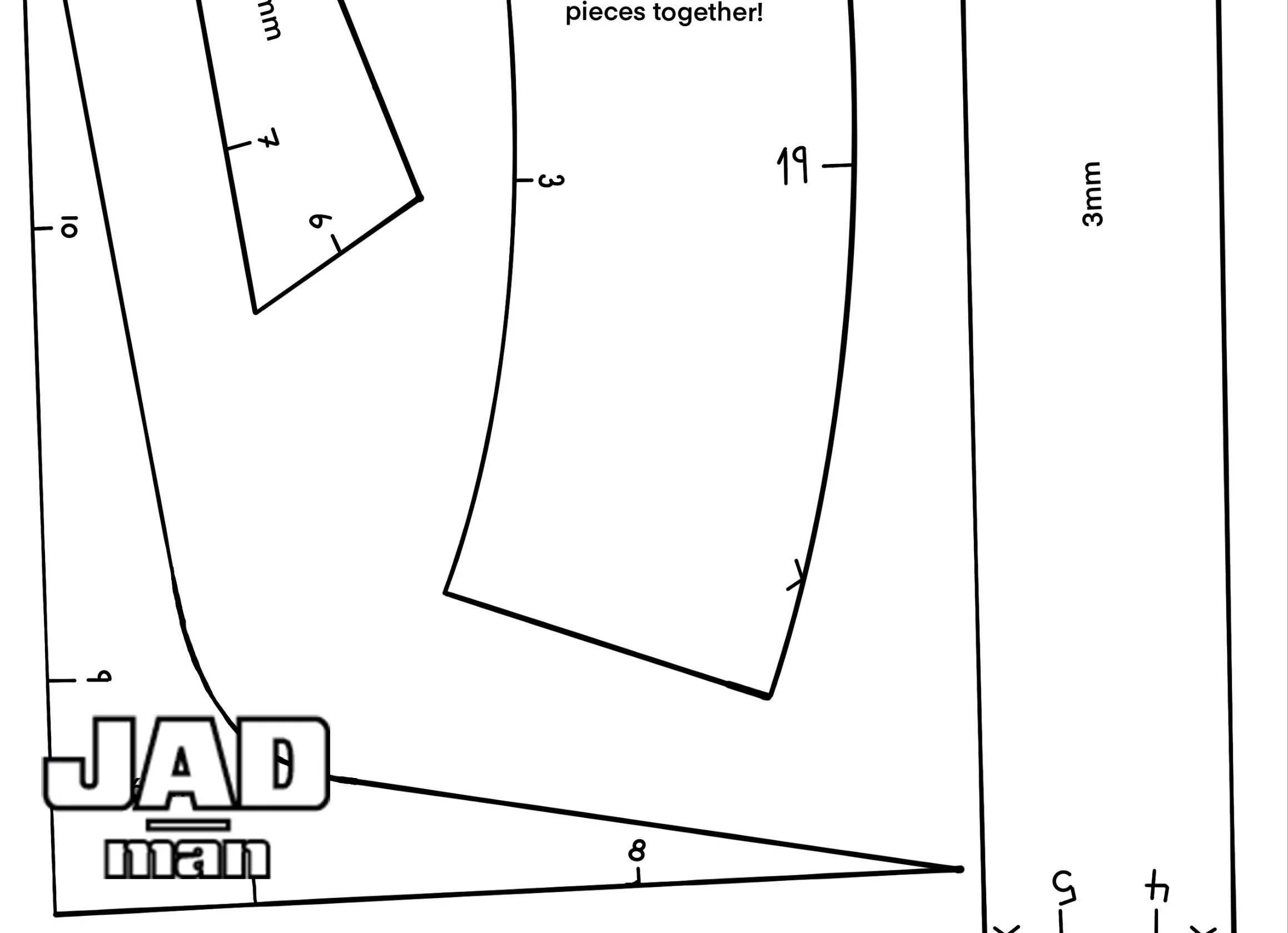 A black-and-white EVA foam pattern with measurements and seam allowances, featuring a layered layout, the text 'JAD main' in the bottom left corner, and various lines indicating fabric pieces for garment construction.