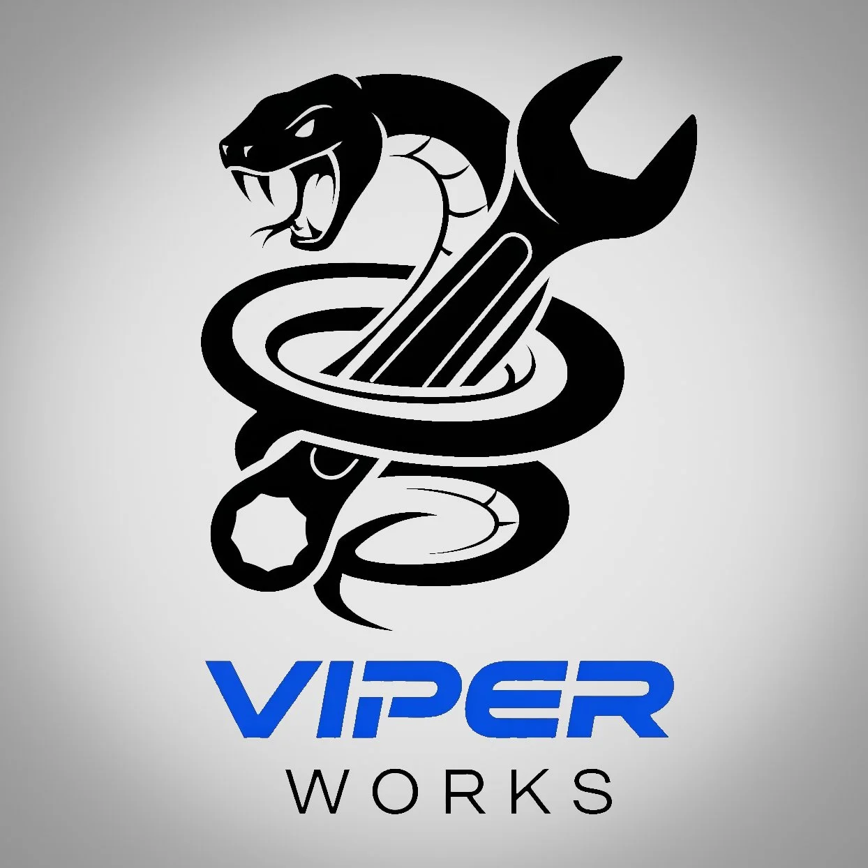 Logo of Viper Works featuring a black serpent wrapped around a wrench with the company name in blue and black text.