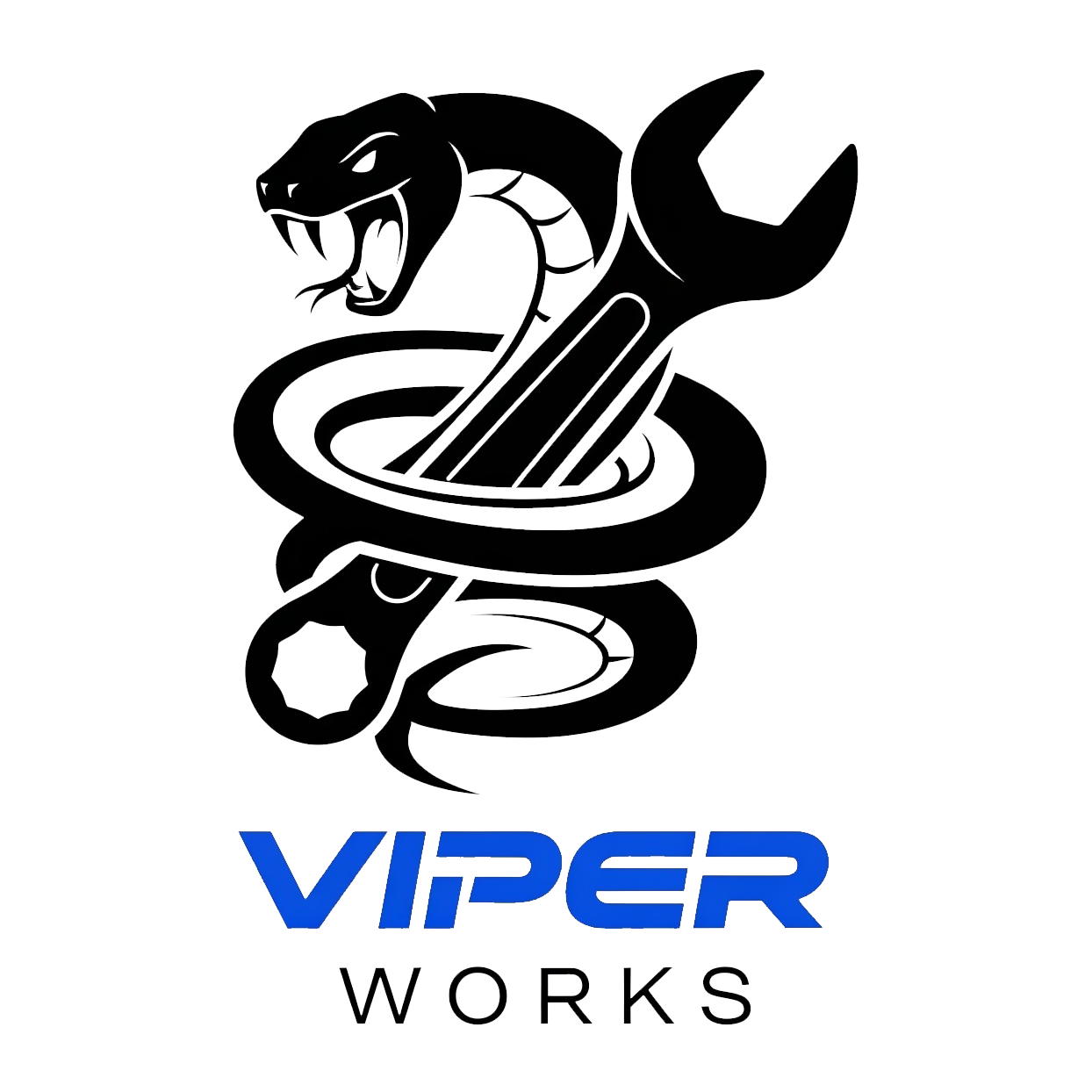 Logo for Viper Works featuring a stylized snake, and a wrench, with the text 'VIPER WORKS' underneath.