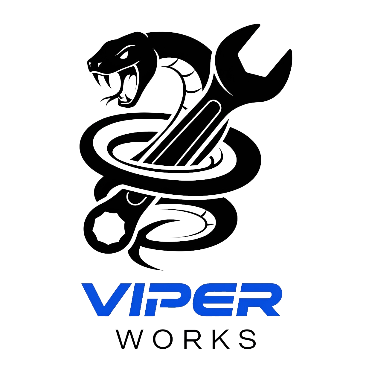 Logo for Viper Works featuring a snake head, and a wrench, with the text 'VIPER WORKS'.
