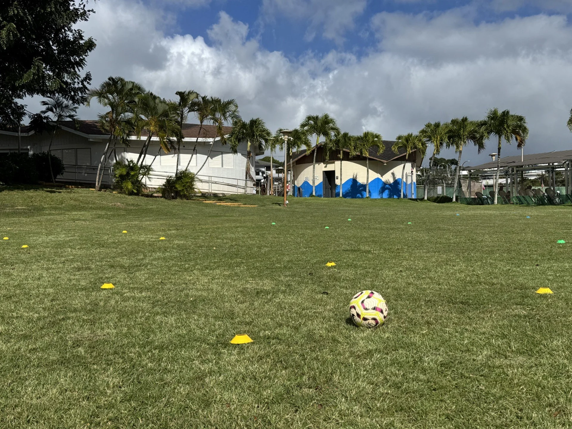 Soccer field with a soccer ball in the foreground, small yellow cones scattered around, palm trees, and buildings with murals and seating areas in the background under a partly cloudy sky.