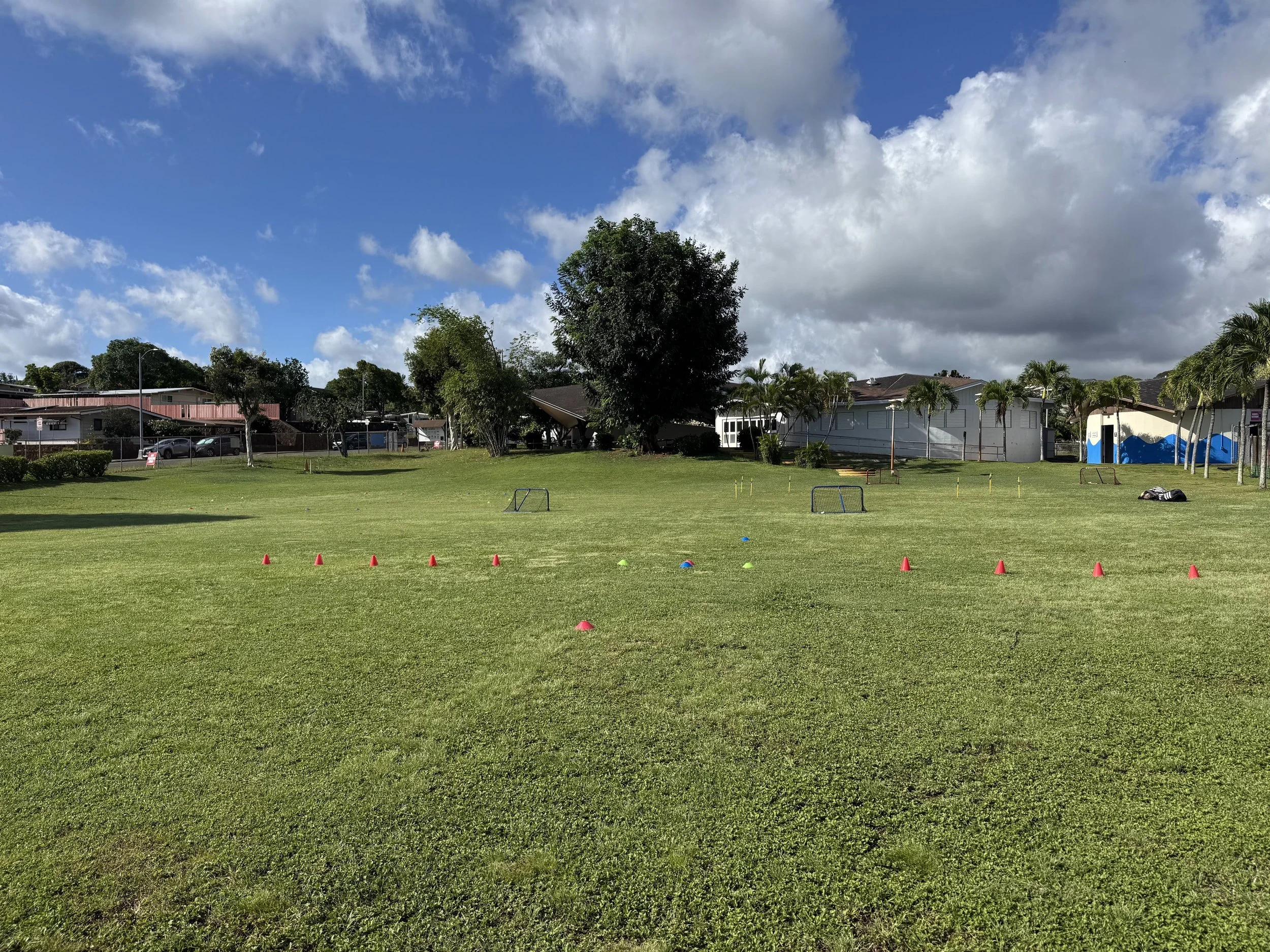 An open grassy field set up for an outdoor sports practice or training, with small goals, cones, and sports equipment, under a partly cloudy sky, with trees and buildings in the background.