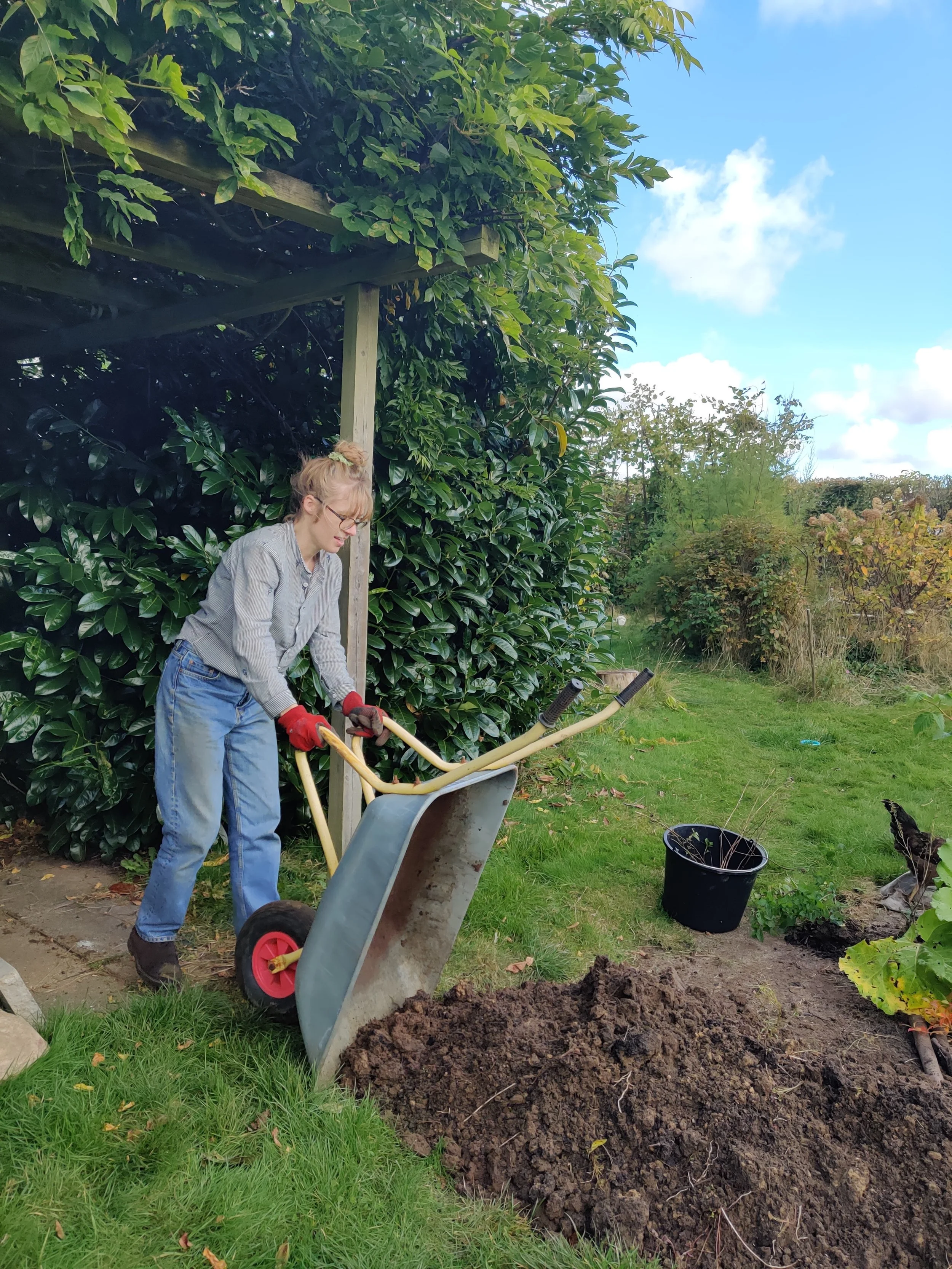 En kvinde er ved at hælde jord ud på en græsplæne. Her skal urtespiralen anlægges. 
