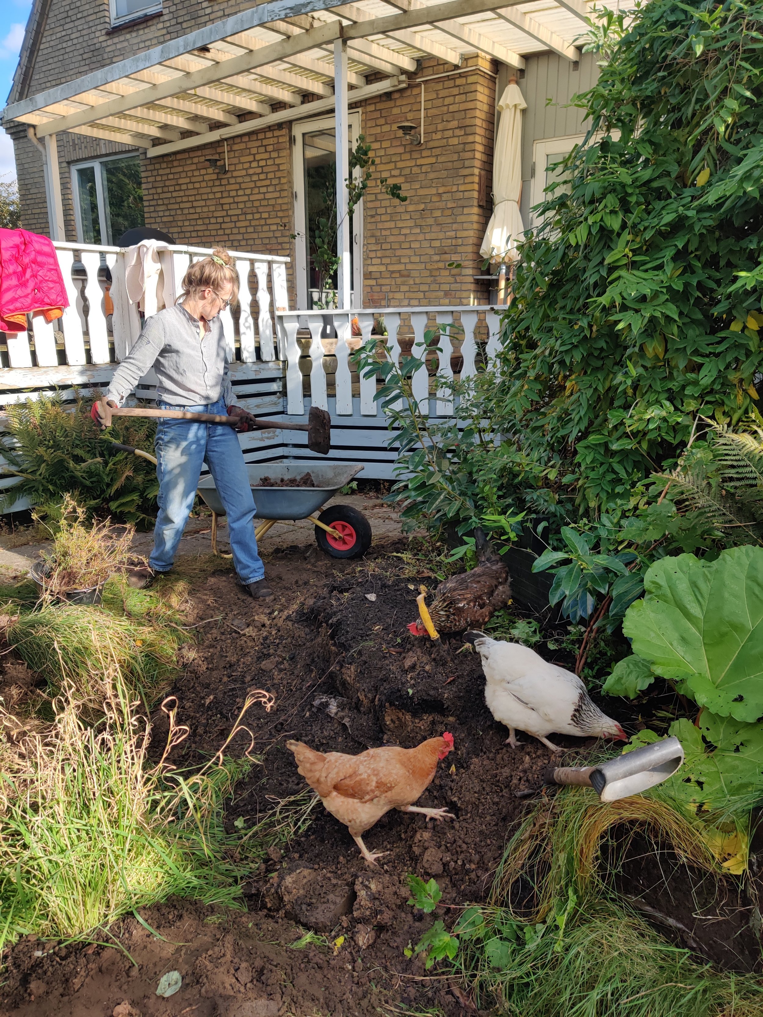 En kvinde med spade i hånden tager første spadestik til en vildere have, hvor en urtespiral skal anlægges og være centrum for skovhaven.