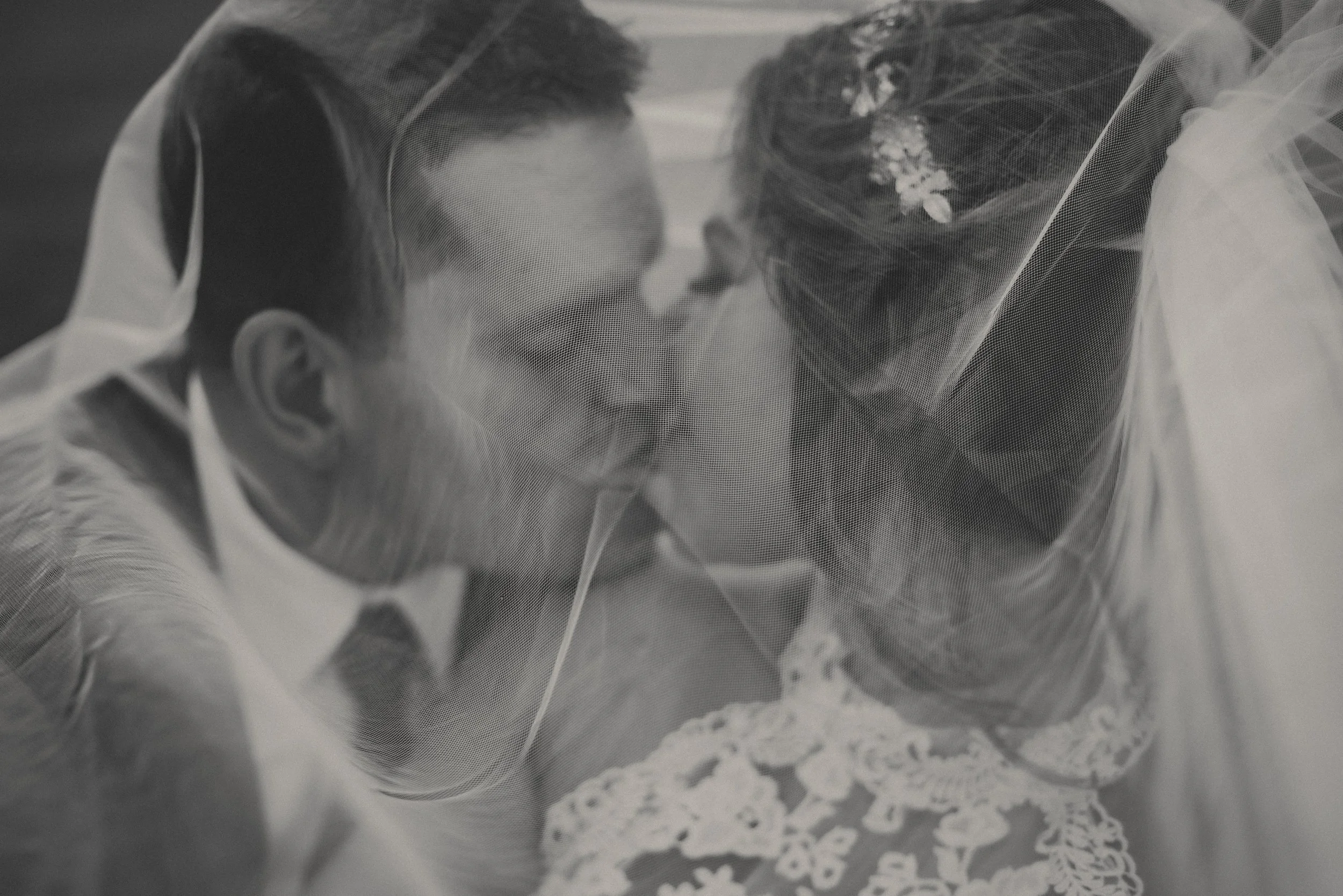 A bride and groom kiss through a wedding veil, with the bride wearing a floral hairpiece and lace dress, and the groom in a suit with a tie. Dunkirk Lighthouse, Dunkirk NY