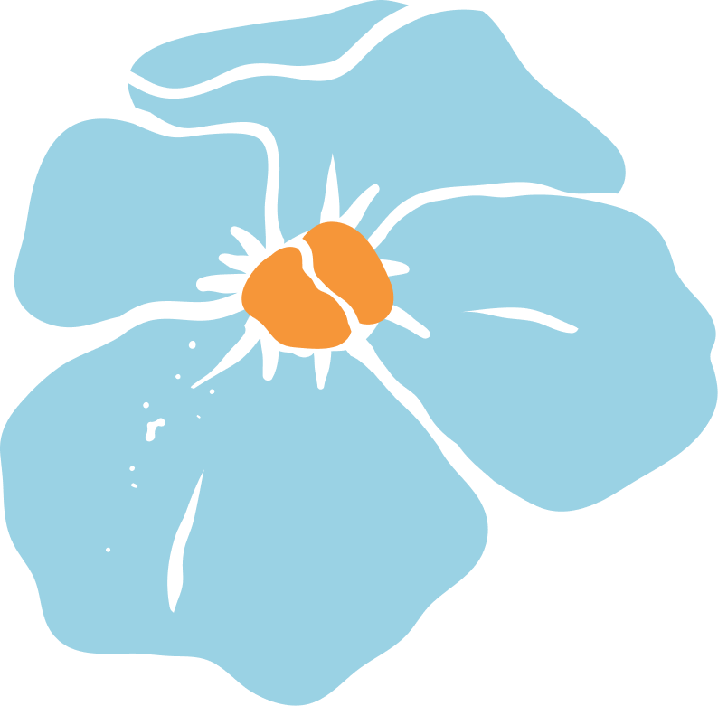 Illustration of a blue flower with an orange center and black stamen.