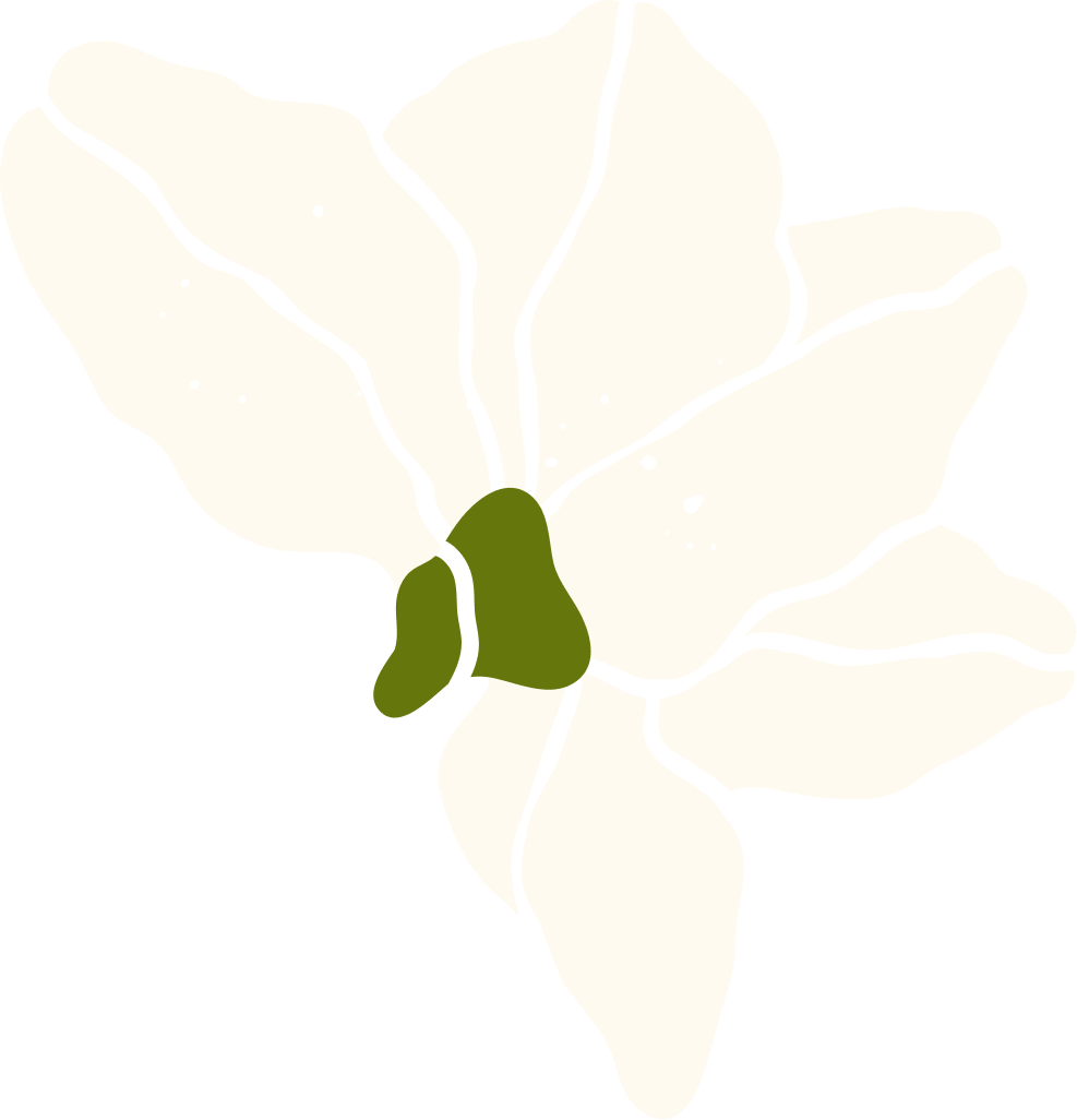 Outline drawing of a white flower with dark lines on a black background, with a green center.