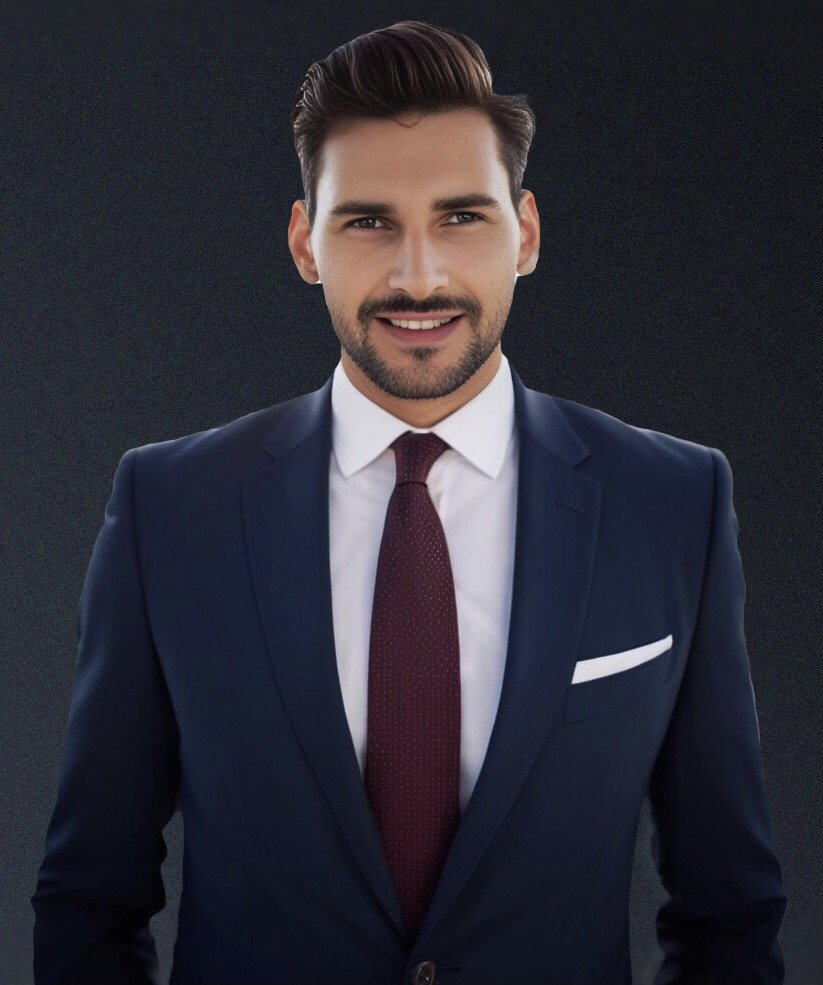 A young man with dark hair and a beard wearing a dark suit, white shirt, and maroon tie, smiling against a plain dark background.