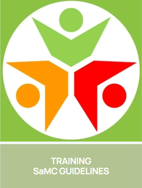 Safe and Meaningful Contact guidelines logo with three stylized abstract human figures in green, orange, and red within a white circle on a green background, with the text 'TRAINING SaMC GUIDELINES' below.