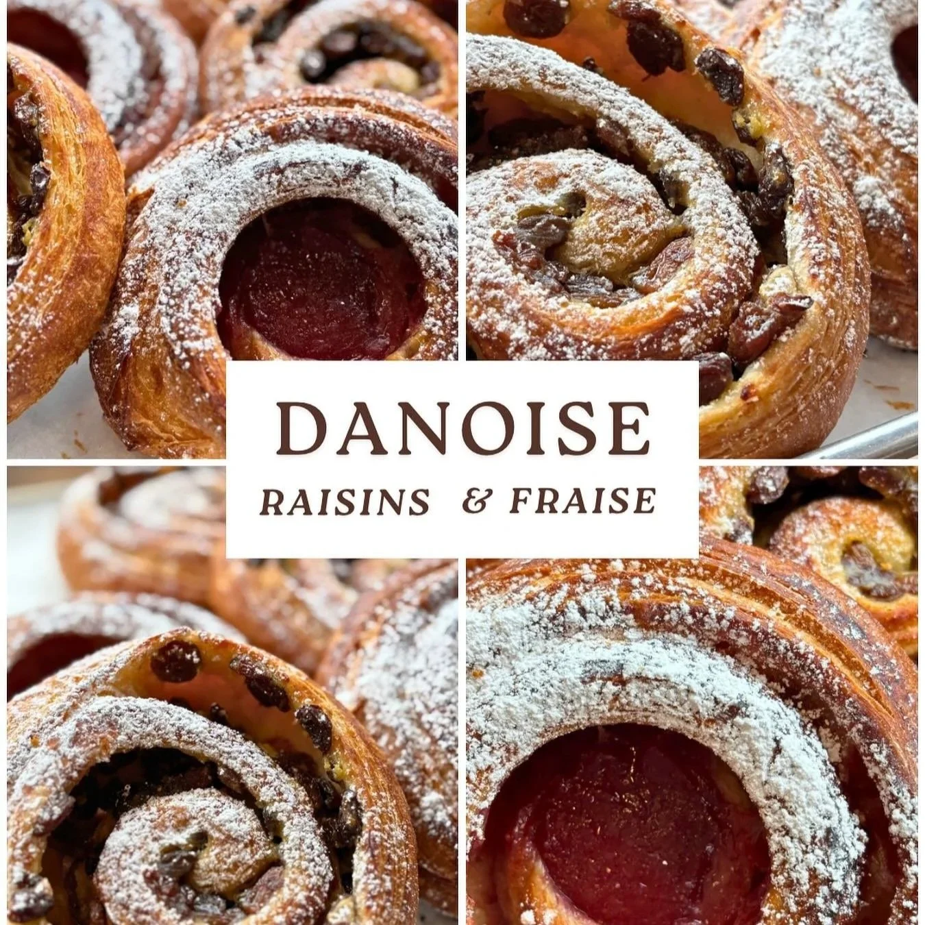 Gros plan sur des pâtisseries danoise aux raisins et fraises, garnies de sucre glace.