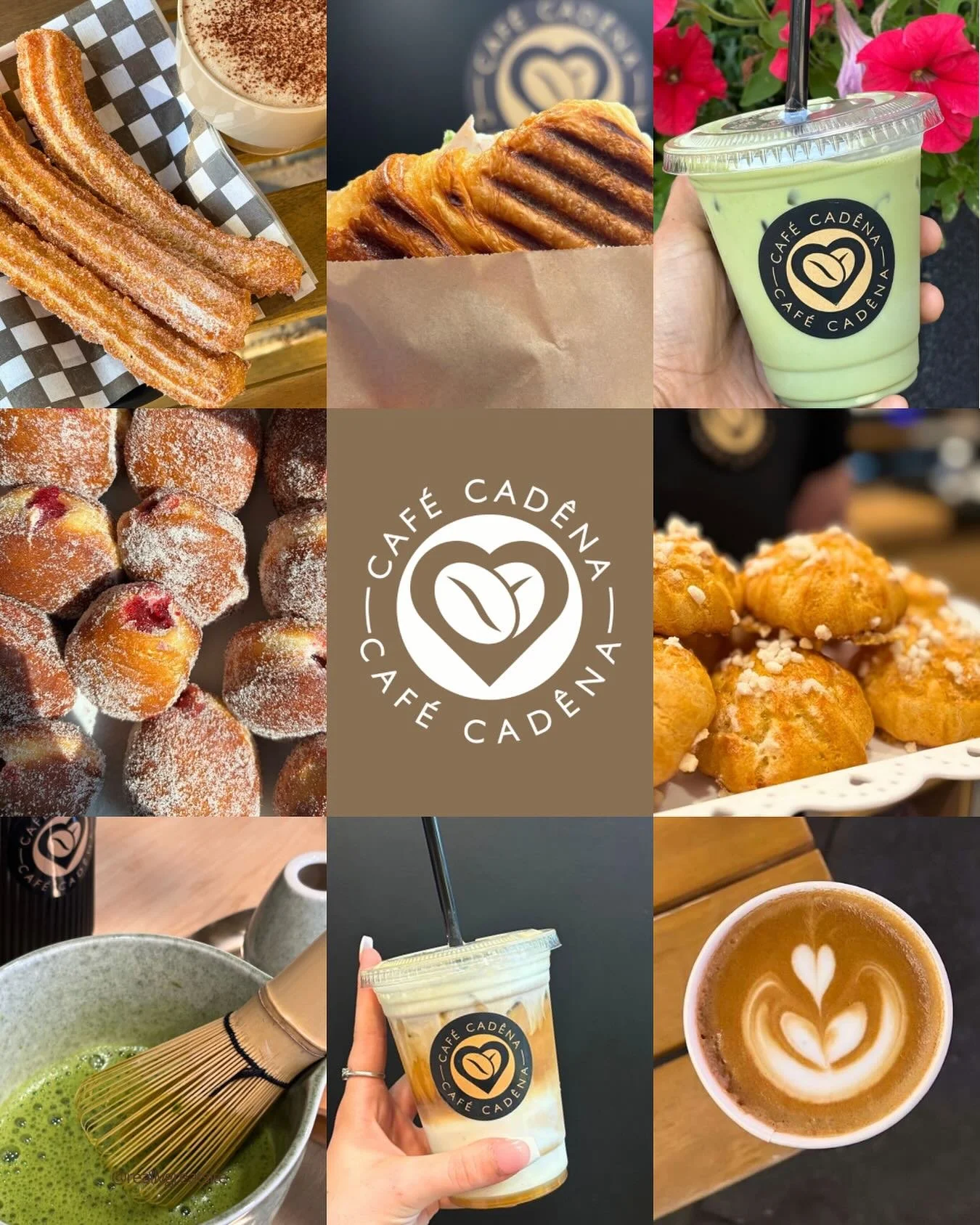 Photo d'une variété de produits de café et de pâtisseries, y compris des churros, un croissant, une boisson verte, des profiteroles, une tasse de matcha, un frappuccino, et un cappuccino avec des motifs de cœur en latte art, tous portant le logo de Caffé Cadena.