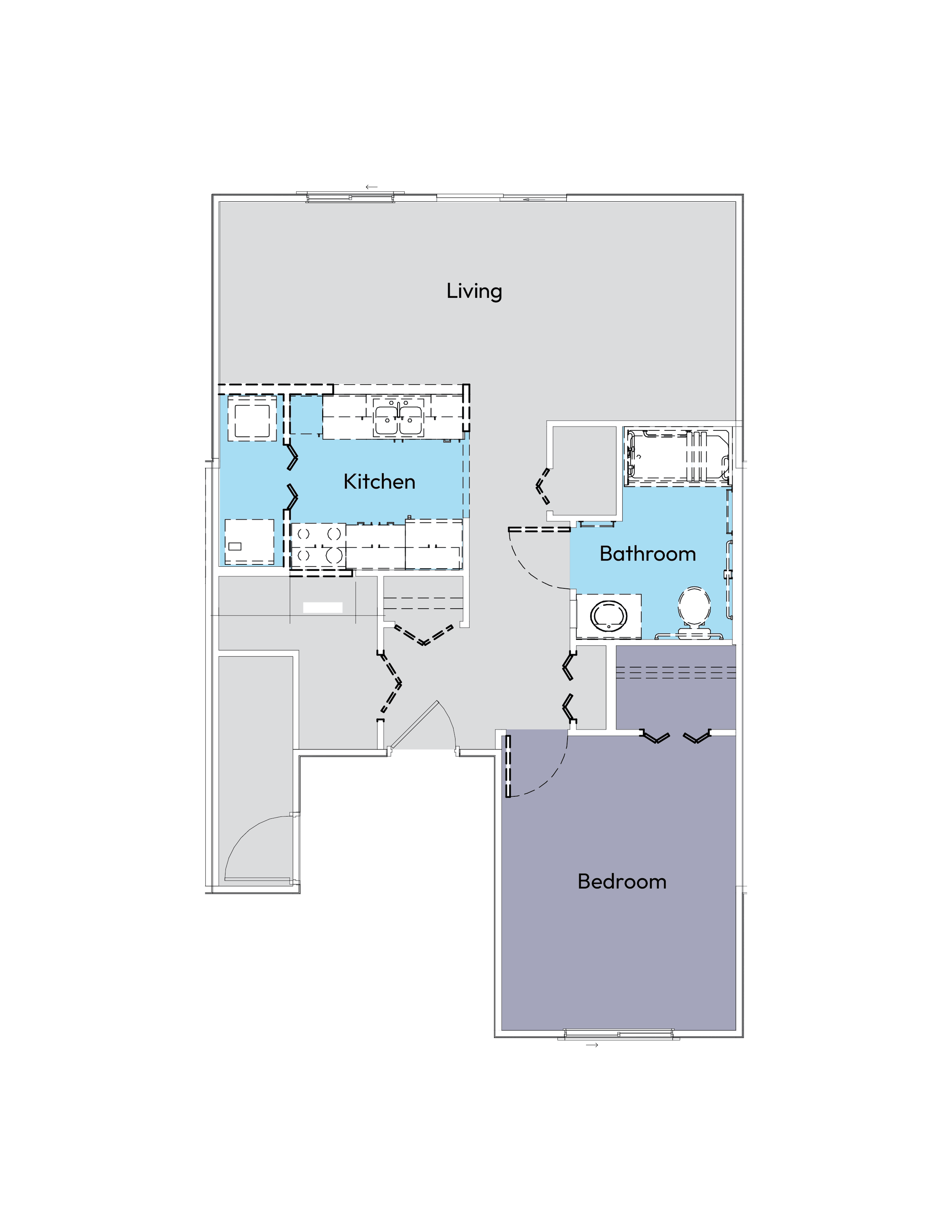 Floor plan of a house showing a living room, kitchen, bathroom, bedroom, and an entryway.