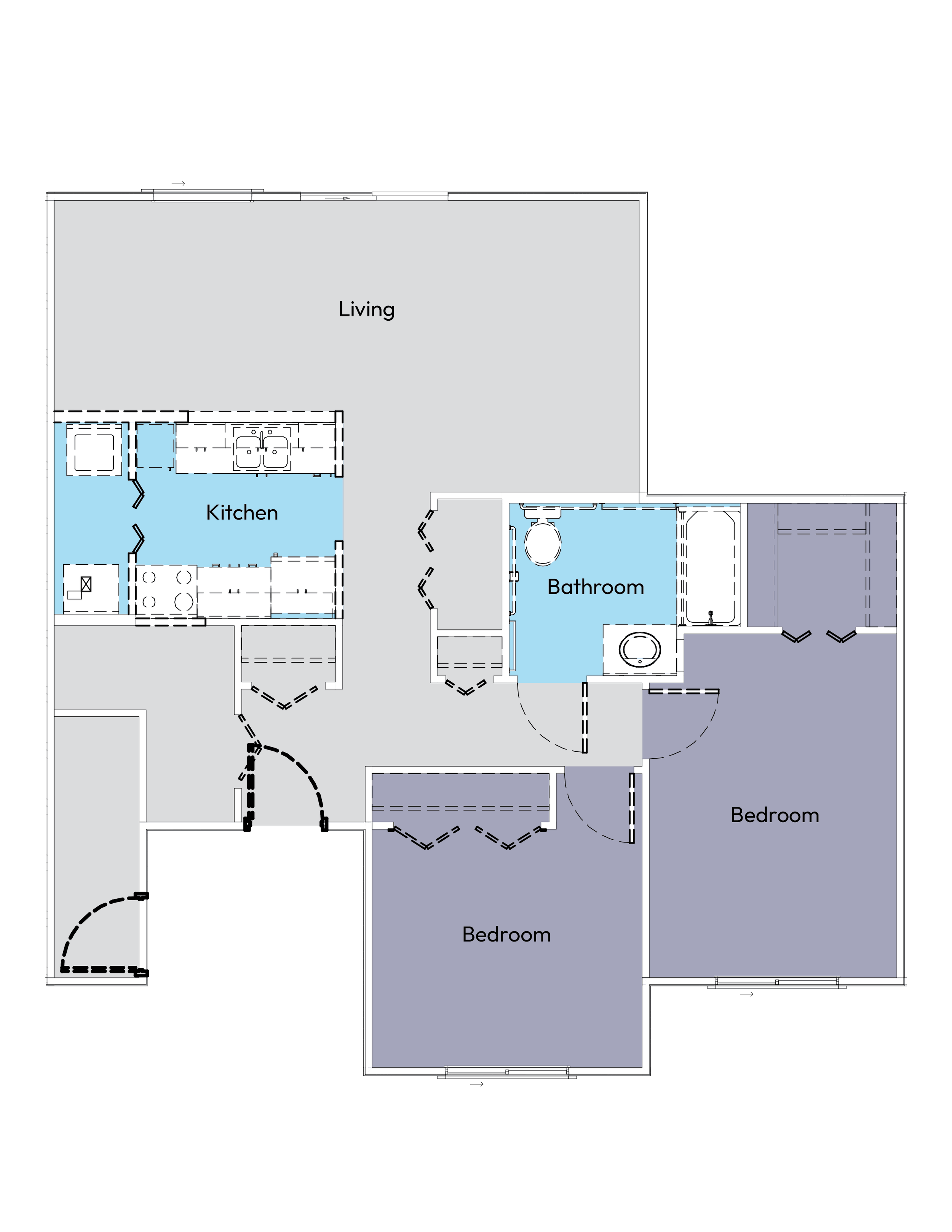 Floor plan of a house with labeled rooms including living room, kitchen, bathroom, and two bedrooms.
