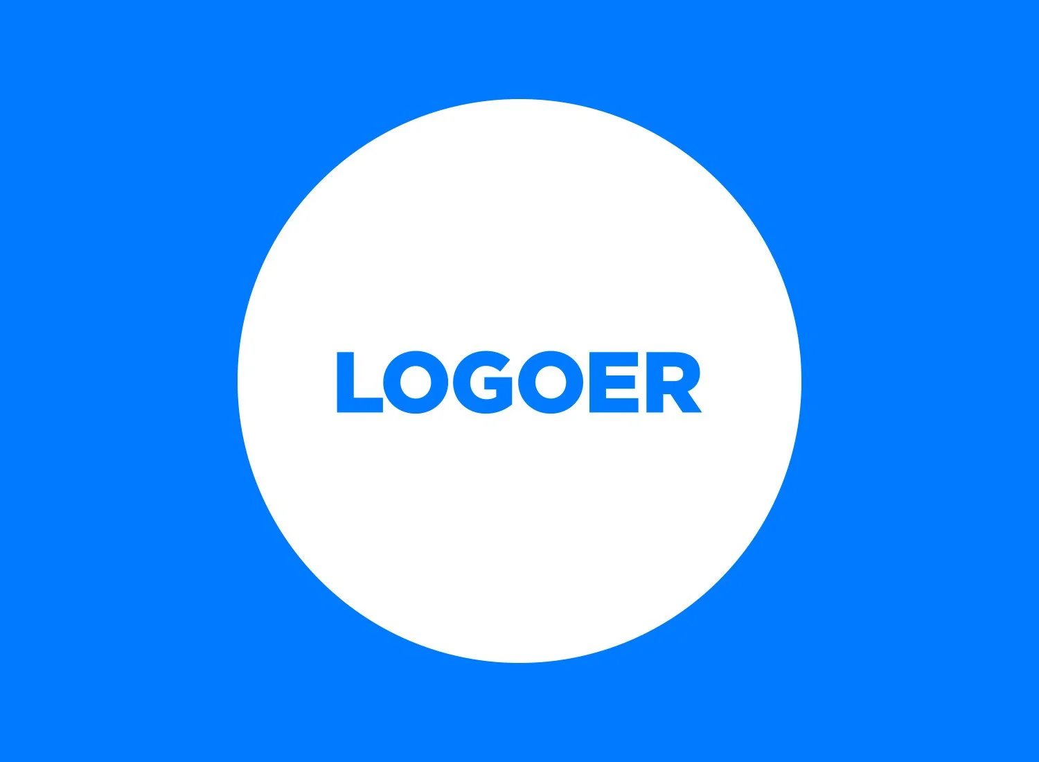 En blå baggrund med en hvid cirkel i midten, hvor der står 'LOGOER' i blå tekst.