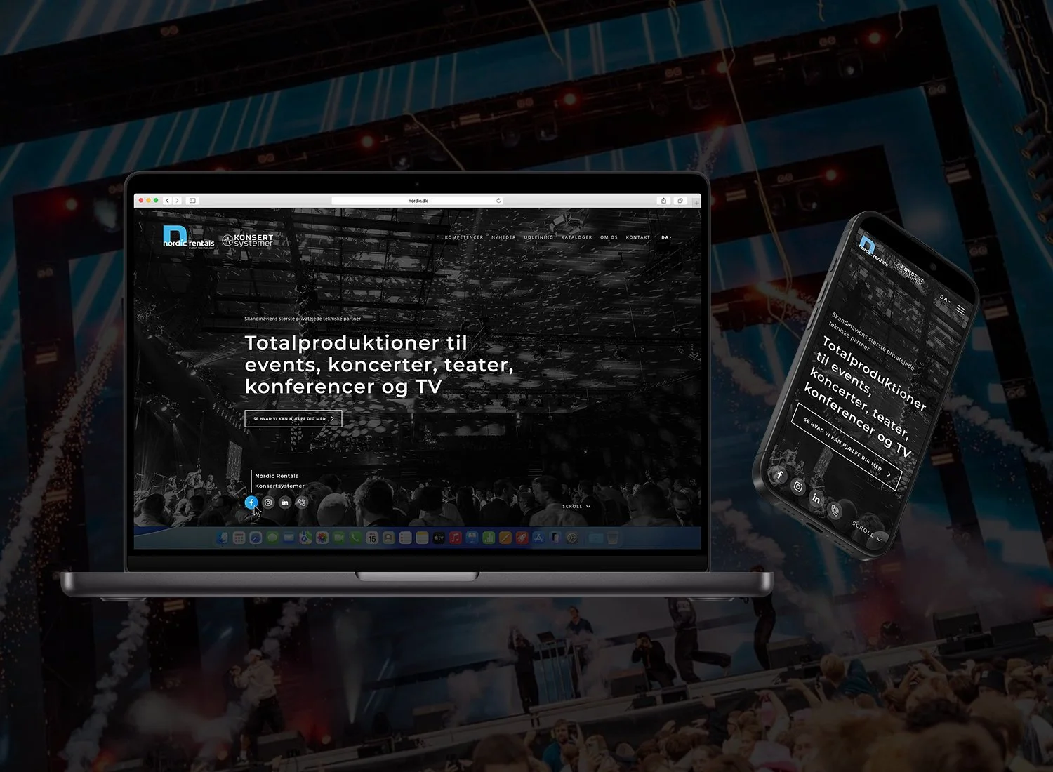 Laptop og iPhone viser et webdesign til Nordic Rentals og Konsertsystemer.