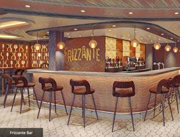 A modern bar with a curved counter, bar stools, and warm lighting. The background features a sign reading 'Frizzante' and shelves with bottles.