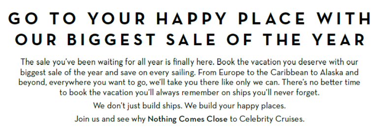 Advertisement promoting a big sale for cruise vacations, emphasizing booking early and highlighting Celebrity Cruises.