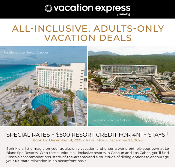 An advertisement for vacation deals at Le Blanc Spa Resorts in Cancun and Los Cabos, Mexico, with images of resort pools and beaches.