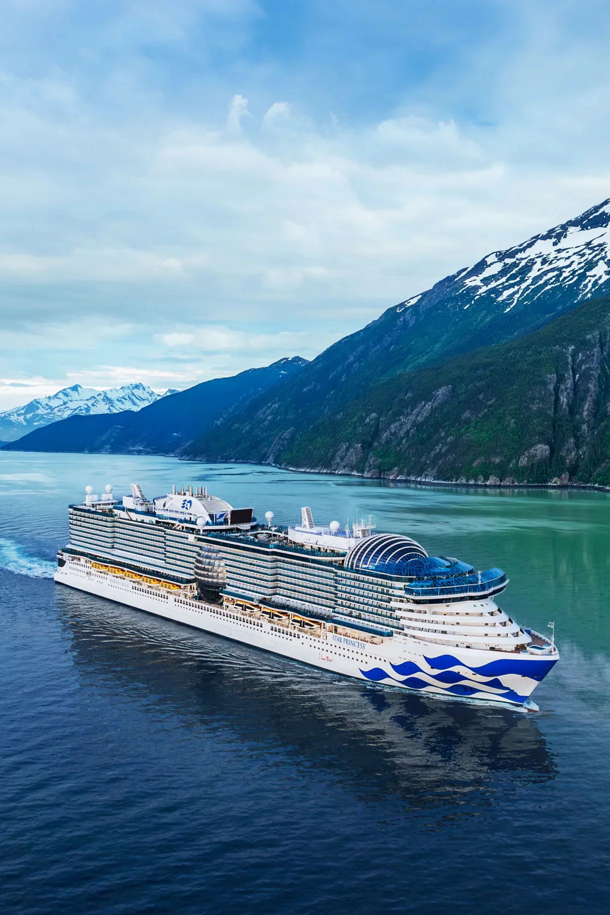 Cruise ship sailing in a fjord with snow-capped mountains in the background.