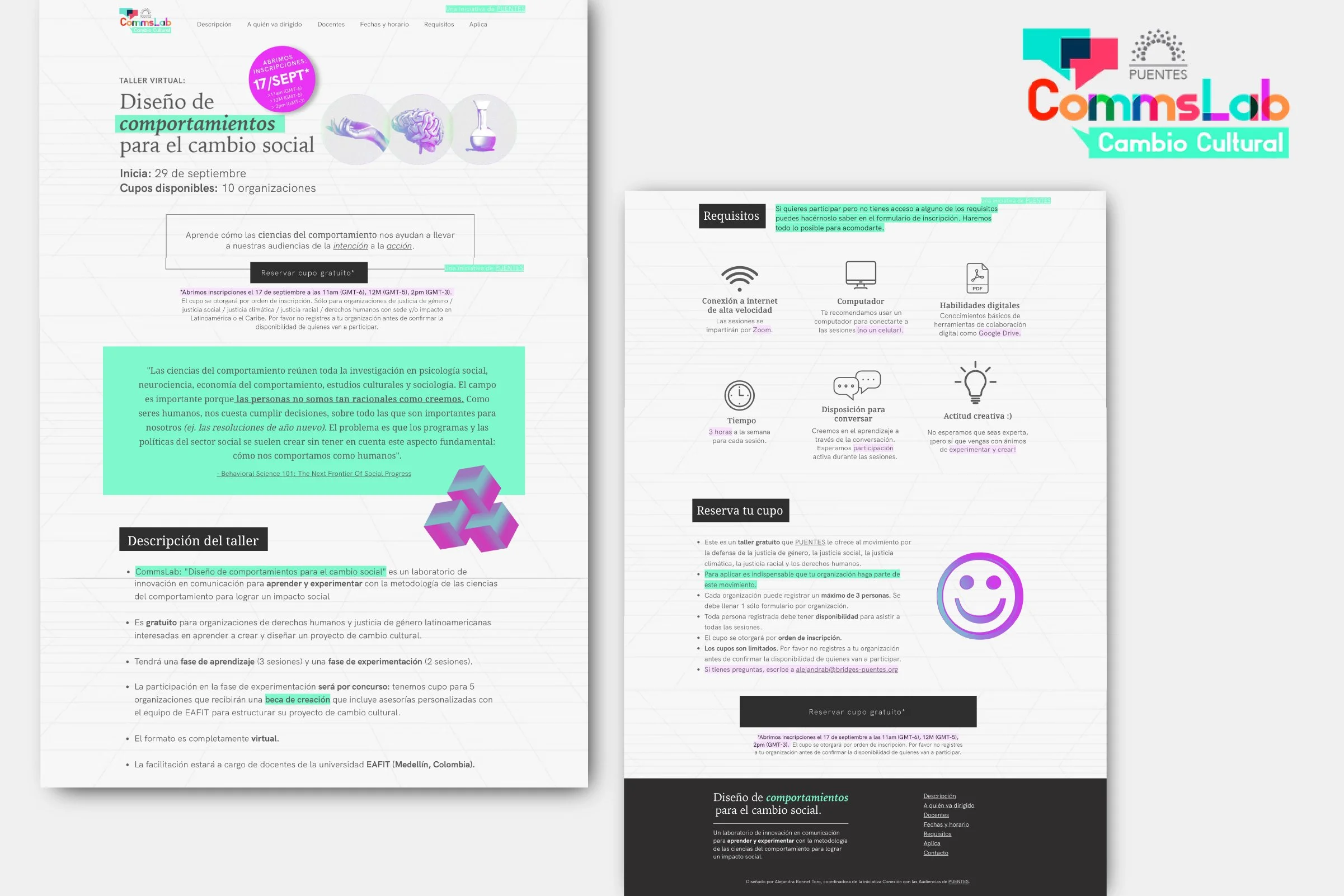 Landing page design for CommsLab behavior design workshop