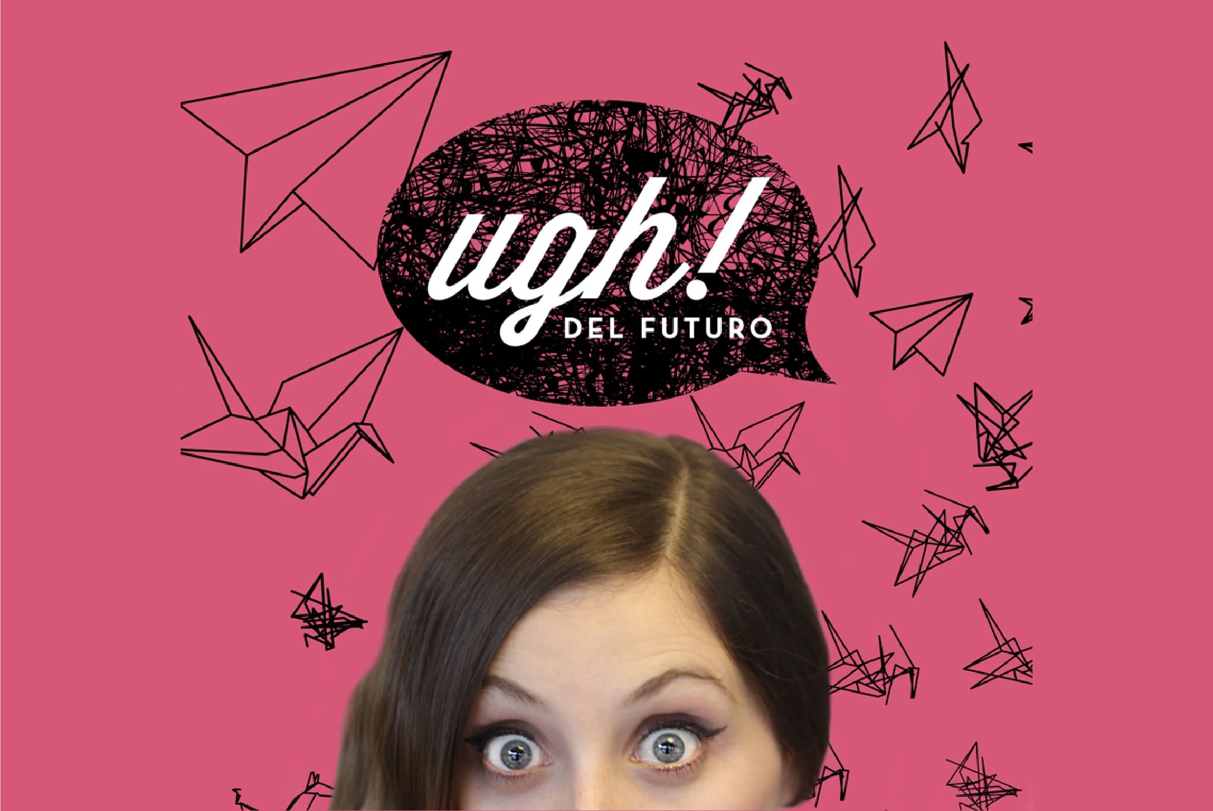 Profile picture for UGH! del futuro. Portrait of Alejandra Bonnet from the eyes up, looking surprised. Above her is UGH's logo. All are surrounded by decorative scratches that transform into origami cranes.