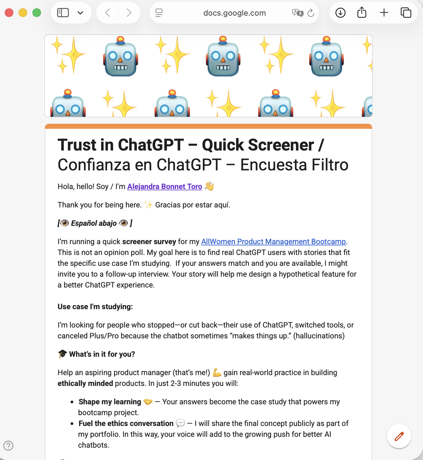 Bilingual screener survey titled "Trust in ChatGPT," explaining that it seeks people who cancelled or cut back on ChatGPT because of hallucinations.