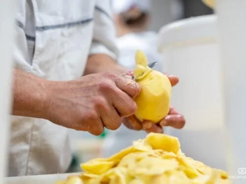 Une personne en tablier blanc prépare les pommes de terre fraiches dans un environnement de cuisine.