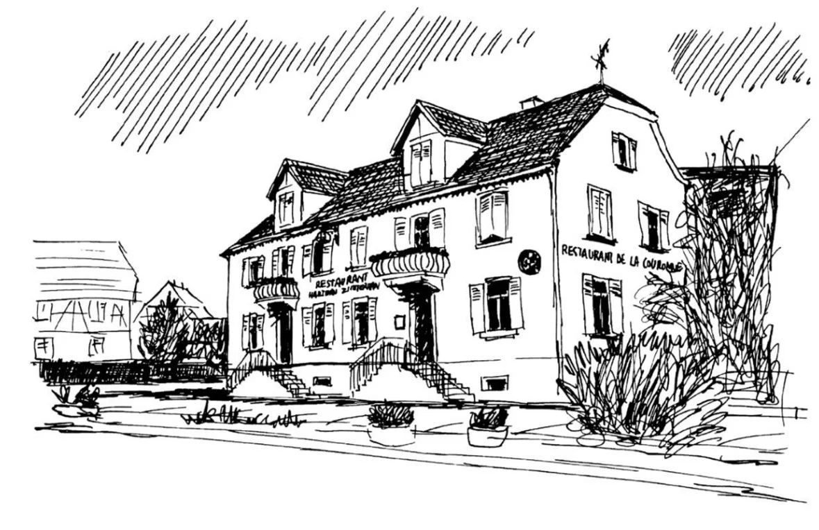 Dessin en noir et blanc du restaurant "a la couronne Hartmann-zimmerman", deux escaliers menant à l'entrée, fenêtres, balcons et arbres environnants.