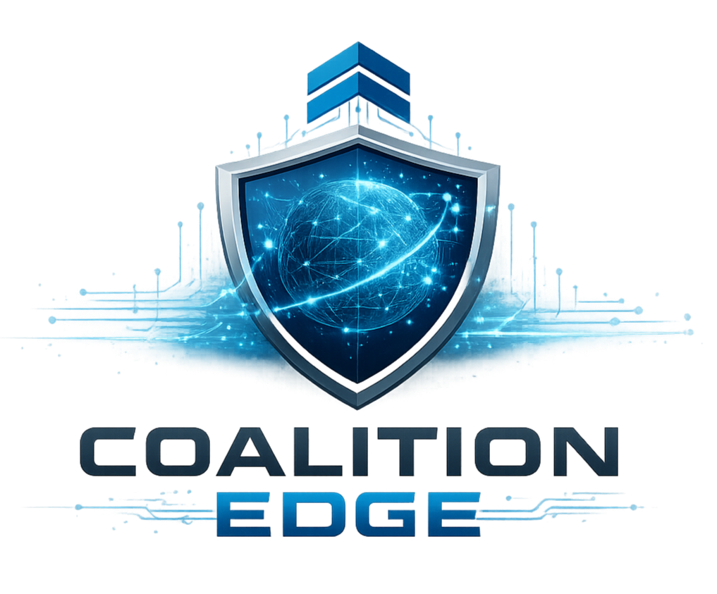 Digital illustration of a shield with a globe surrounded by network lines, above the text "Coalition Edge" in bold, futuristic font.