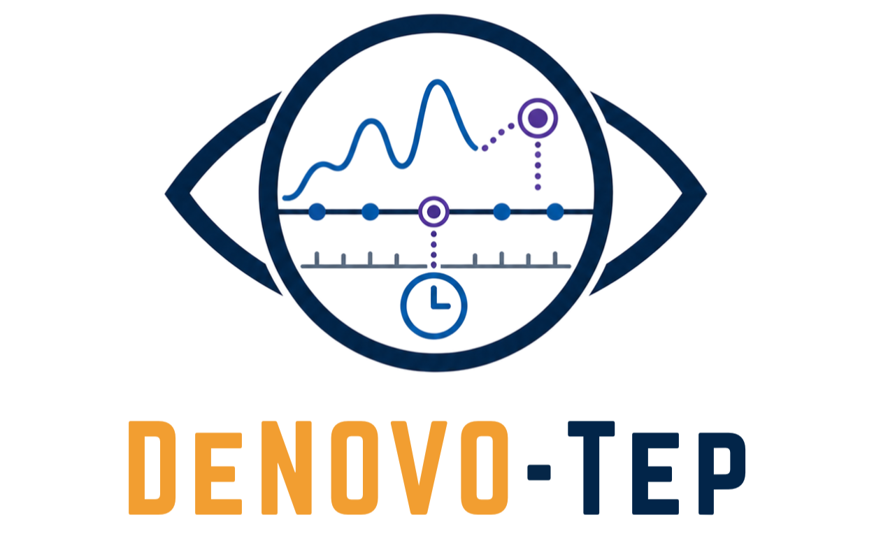 The image features an eye-shaped outline with a circle inside, containing various graphical elements like line graphs, dots, a clock, and a dotted line, representing data analysis or monitoring. Below the eye, the text reads "DENOVO-TEP" in orange and blue letters.