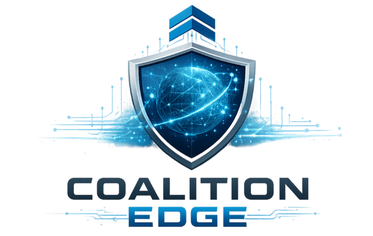 Logo for Coalition Edge featuring a shield with a globe and digital connections, and the text 'Coalition Edge'