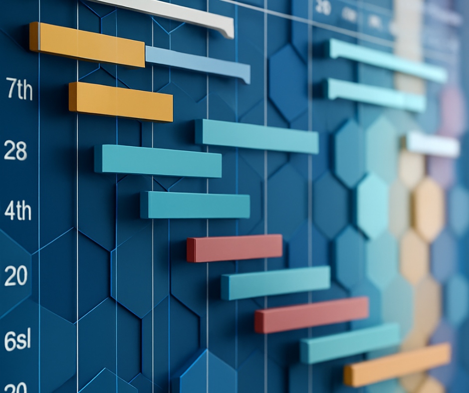 Colorful 3D bar chart on a blue honeycomb background with numerical scale on the left.