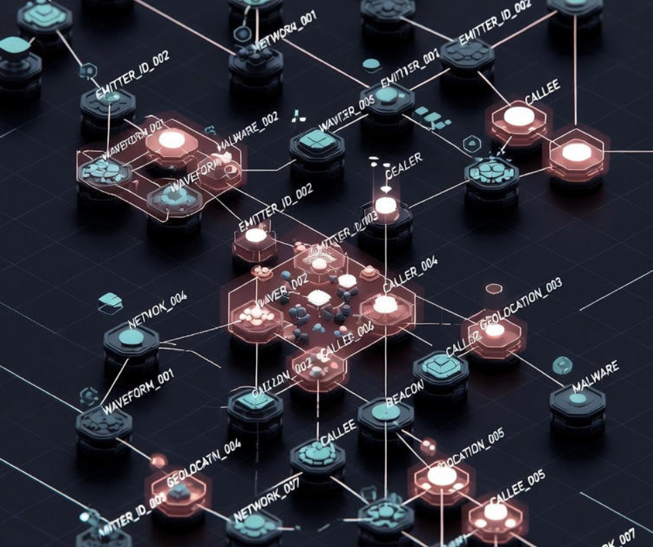 A digital illustration of interconnected nodes and pathways representing a blockchain network, with labels like 'EMITTER,' 'CALLEE,' 'CALLER,' 'GEOLOCATION,' 'MALWARE,' and 'NETWORK'.