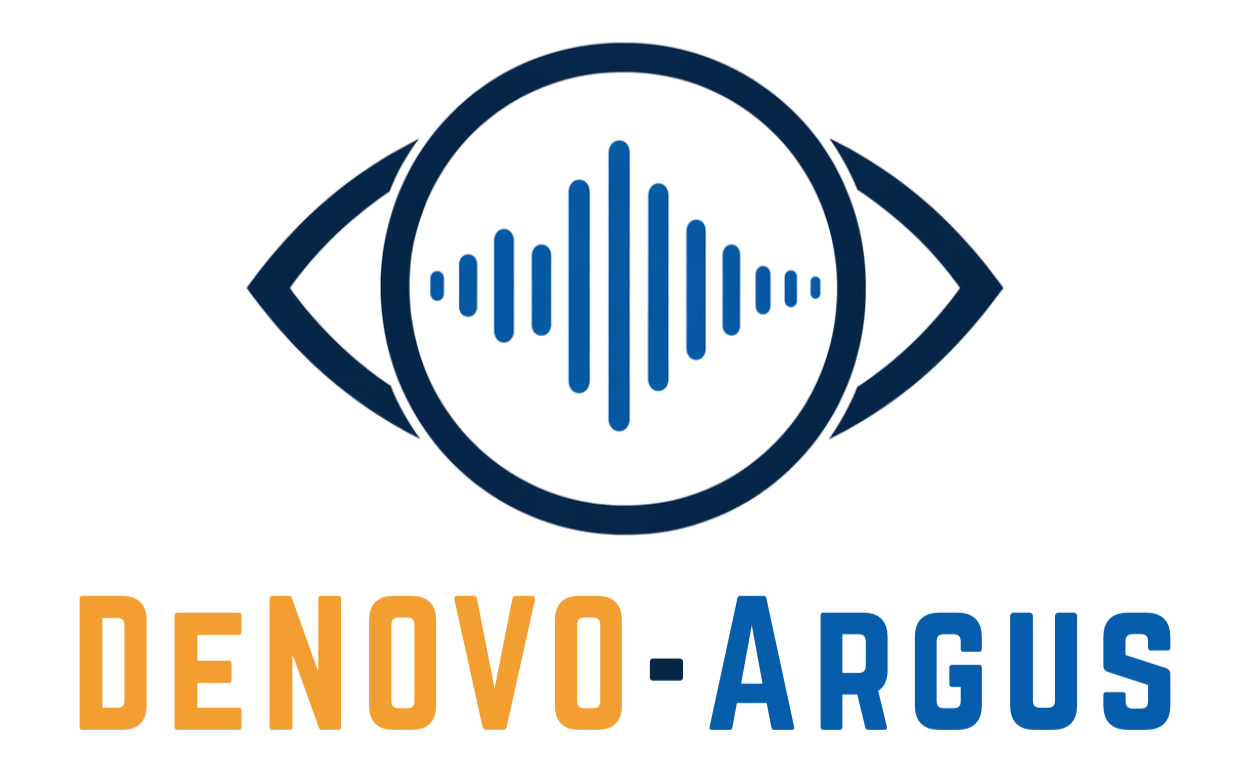 Logo featuring a stylized eye with soundwave within the iris and the text "DENOVO-ARGUS" below, with "DENOVO" in orange and "ARGUS" in blue.