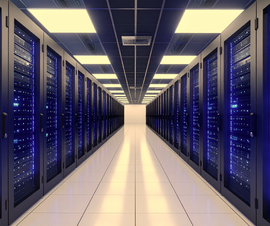 Data center hallway with server racks on both sides, lit by bright ceiling lights.