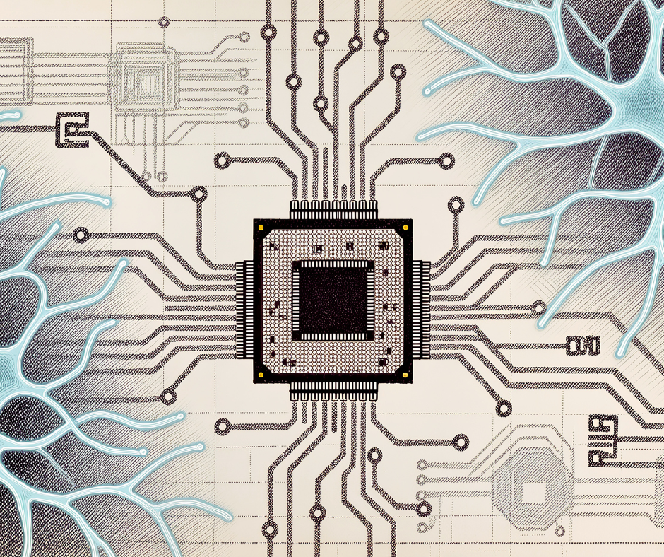 Circuit board with interconnected lines, a central chip, and stylized neuron-like structures on both sides.