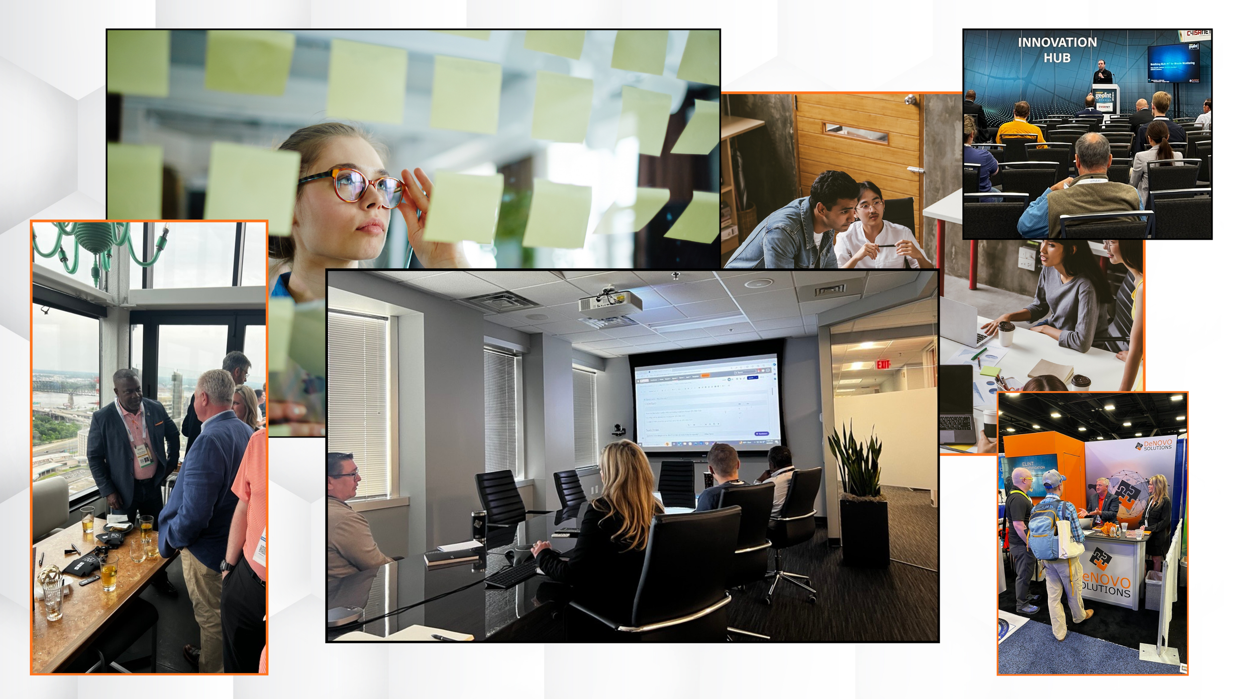 Collage of images from a professional conference including people participating in discussions, a presentation in a conference room, a panel at an event, a business meeting, and an exhibition booth with a company logo.
