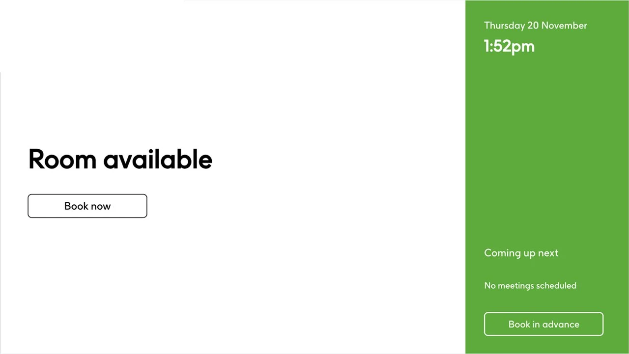 This design is displayed on all meeting room booking panels for employees to view the room's current reservation status.