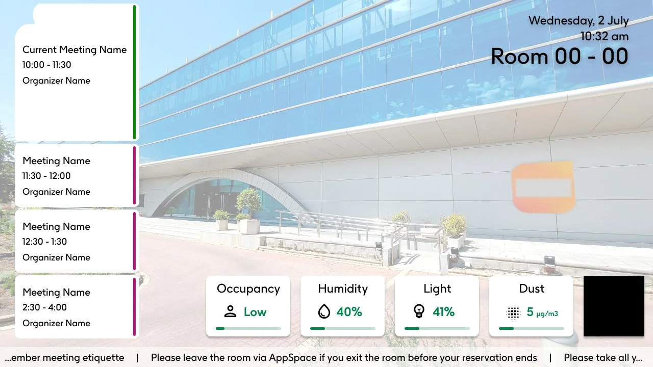 This digital signage is displayed within larger meeting rooms to provide insight to employees on the room's reservations and the various wellbeing metrics related to the room. 