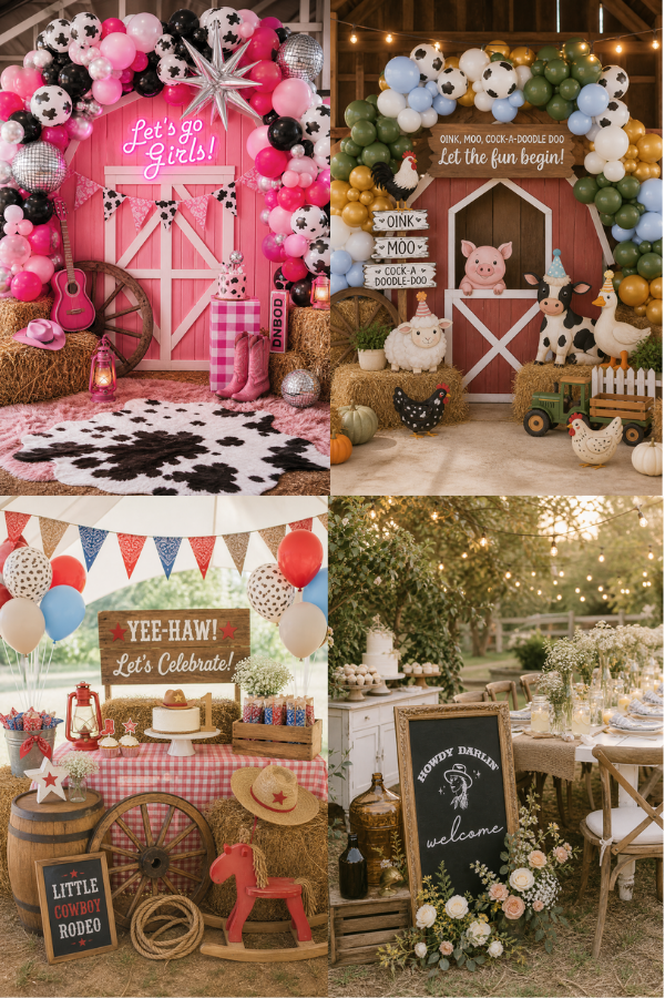 Four decorated party scenes with themed decorations and props for girls' birthday, farm, rodeo, and outdoor gathering.