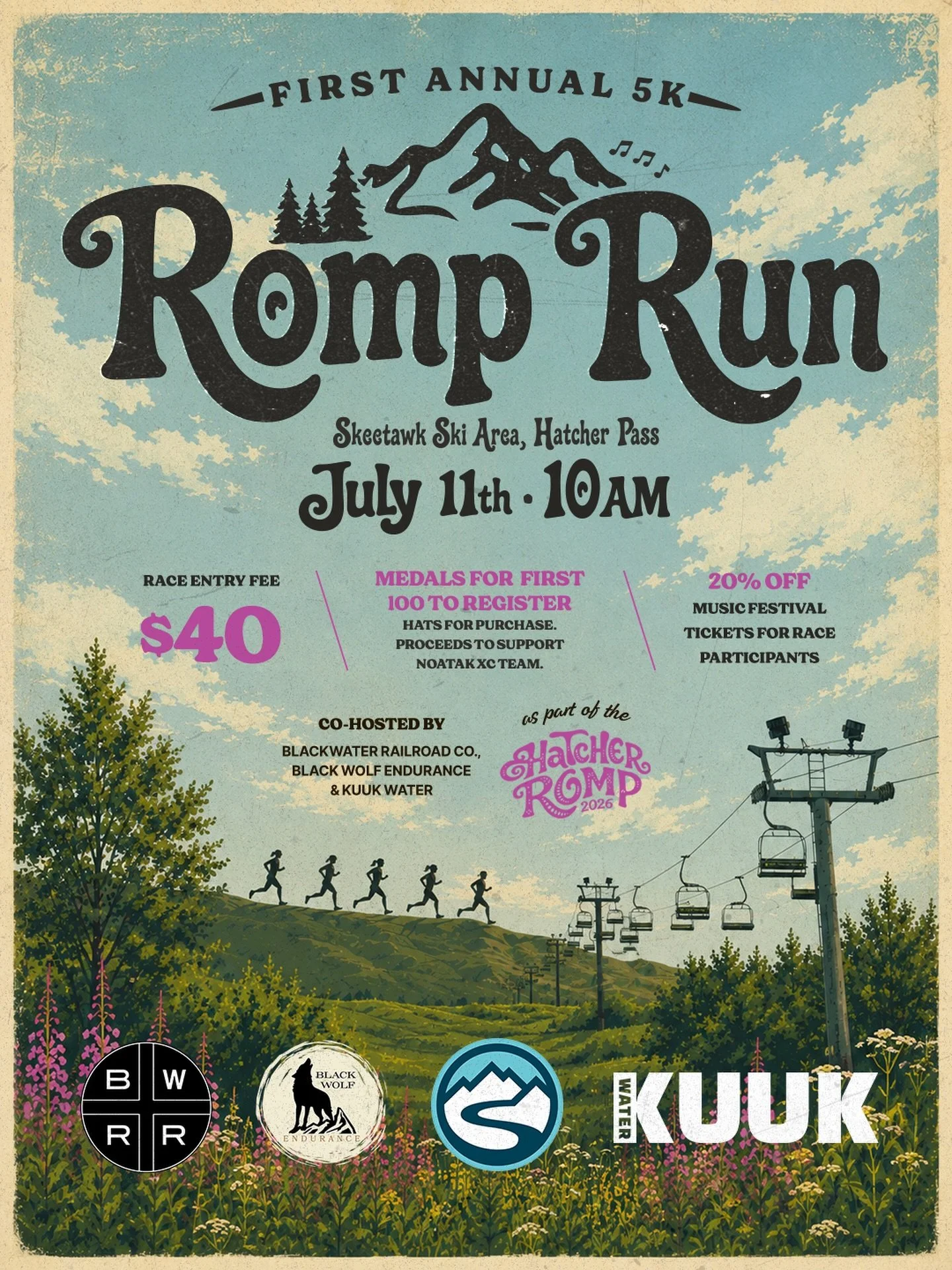 Lace up and get ready to romp! 

The first annual Romp Run 5K is coming to Skeetawk Ski Area on Saturday, July 11th at 10:00 AM and we want you there. Co-hosted by Blackwater Railroad Company, Kuuk Water, and Black Wolf Endurance as part of the belov