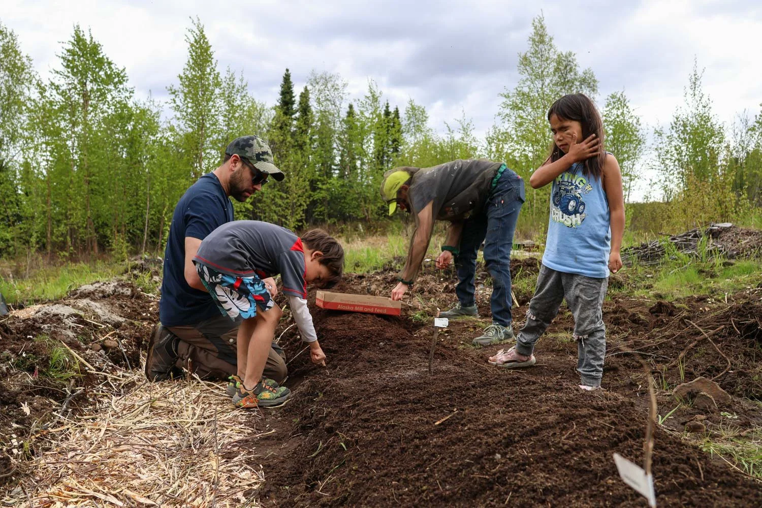 Adult and children planting trees outdoors in a cleared area with trees and grass in the background.