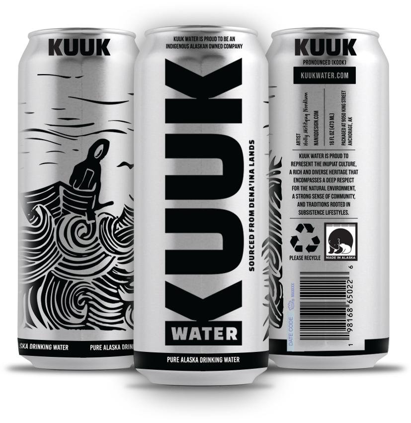 Three cans of KUUK Water, a brand of bottled water from Alaska, featuring black and white artwork of a moose and water waves, with recycling and Made in Alaska icons on the labels.