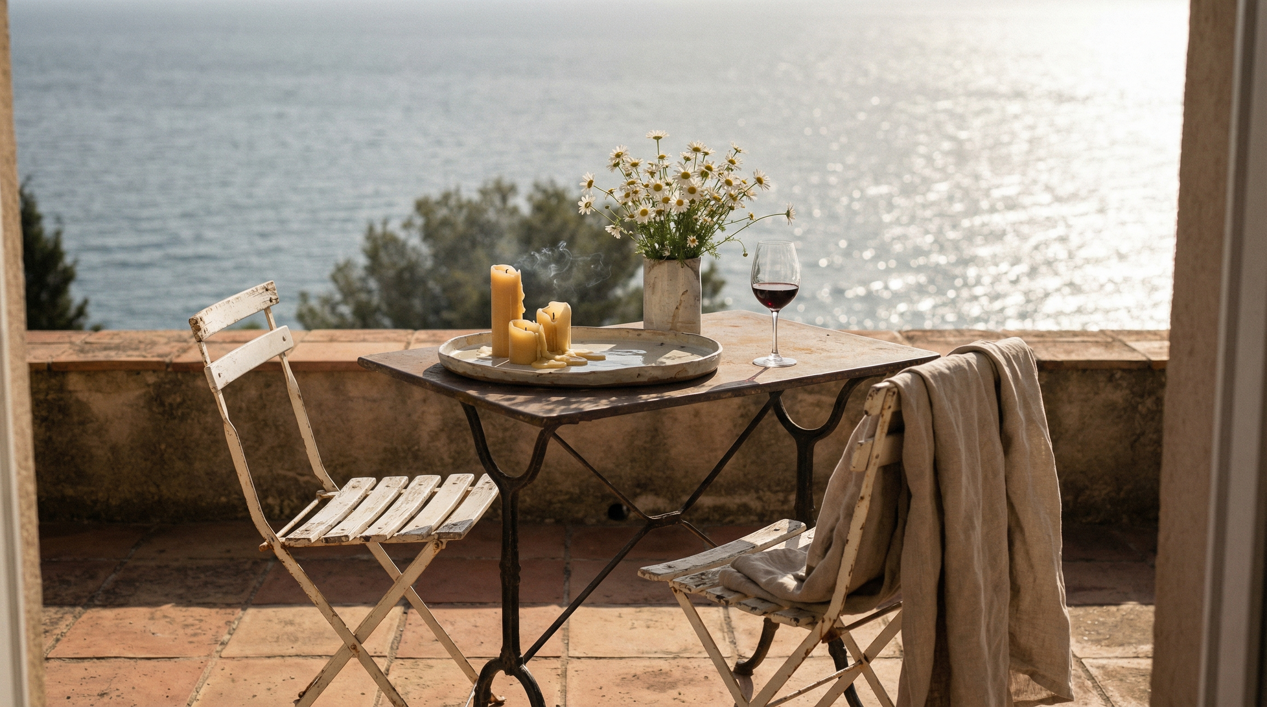 A rustic outdoor terrace overlooking a body of water with a small table set with candles, a vase of daisies, a glass of red wine, and a cloth. Two weathered white chairs, one with a beige cloth draped over it, surround the table.