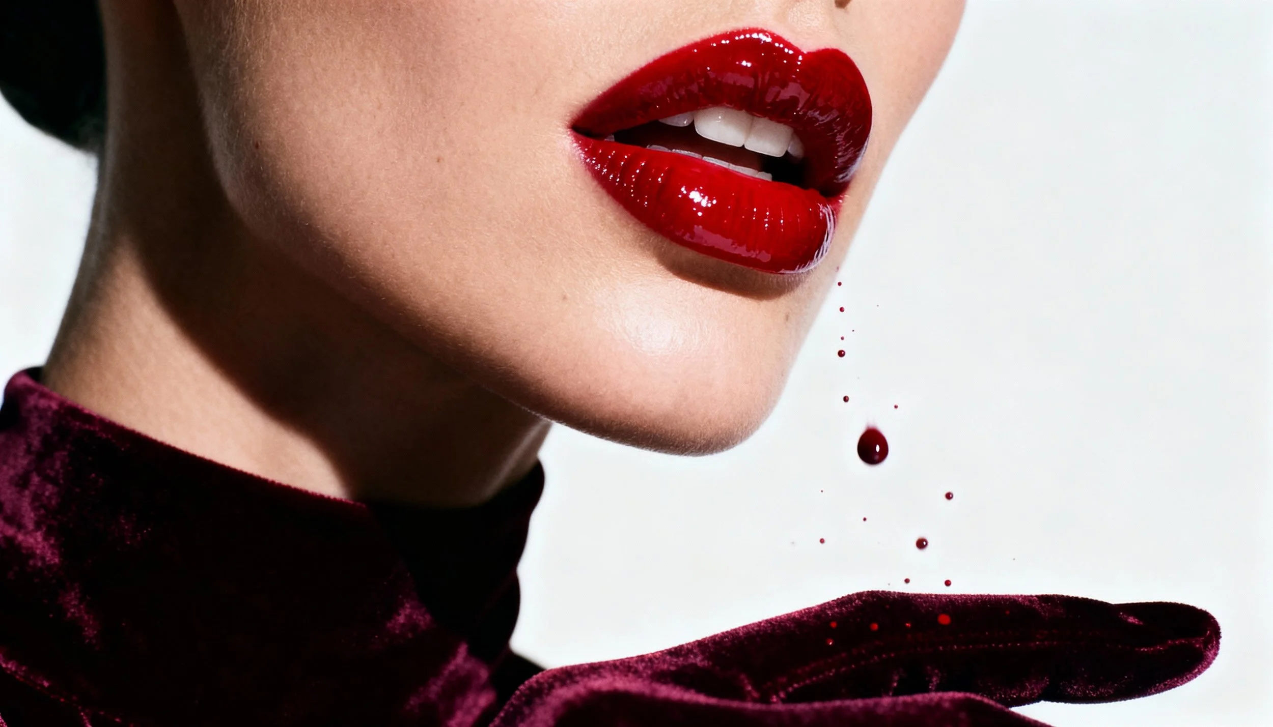 A woman with bright red lipstick, slightly open mouth revealing white teeth, and a drop of liquid falling from her lips. She is wearing a dark velvet garment and has fair skin.