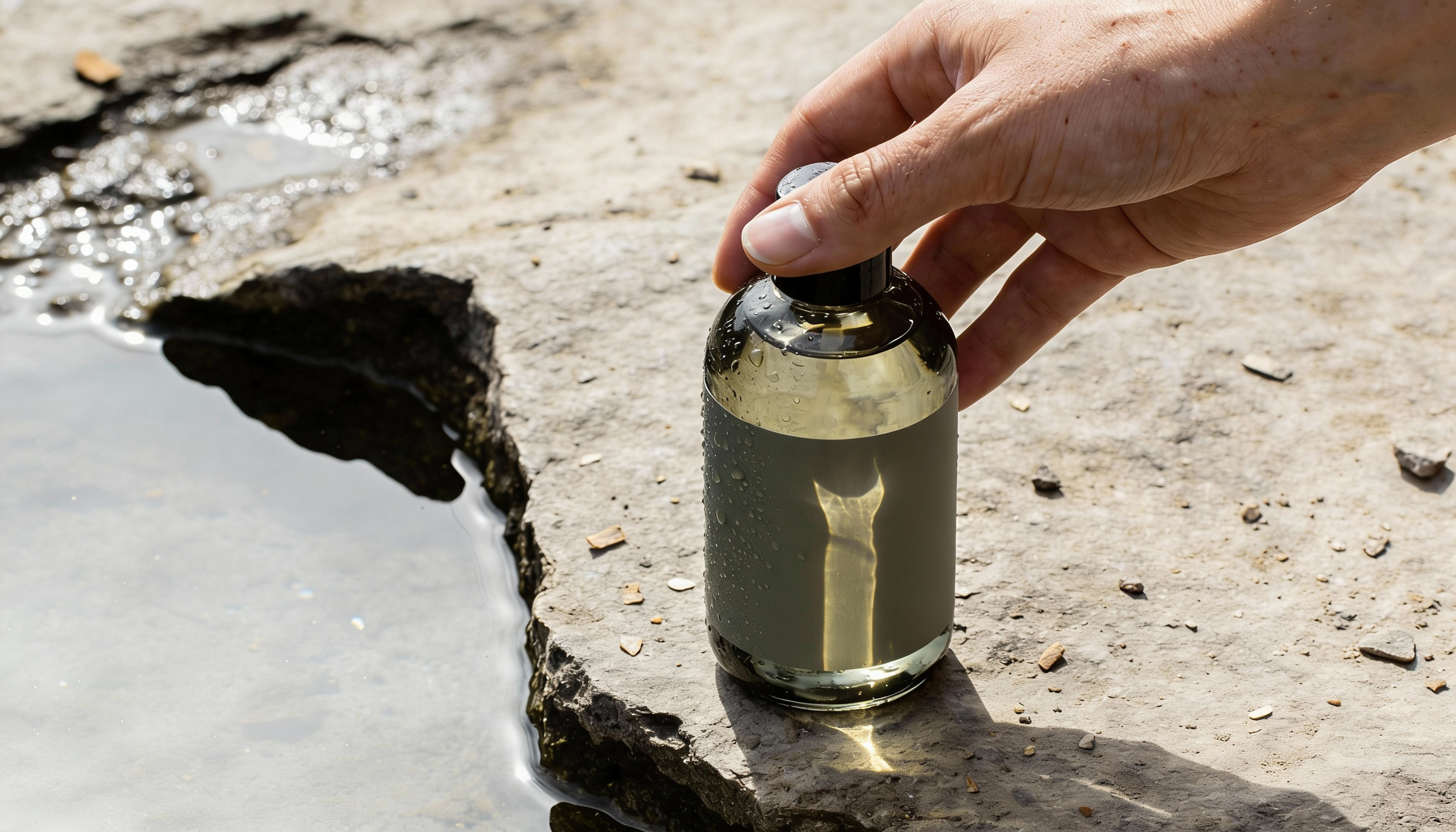 A hand holding a glass bottle with a black cap, placed on a stone surface near a small pond with water.