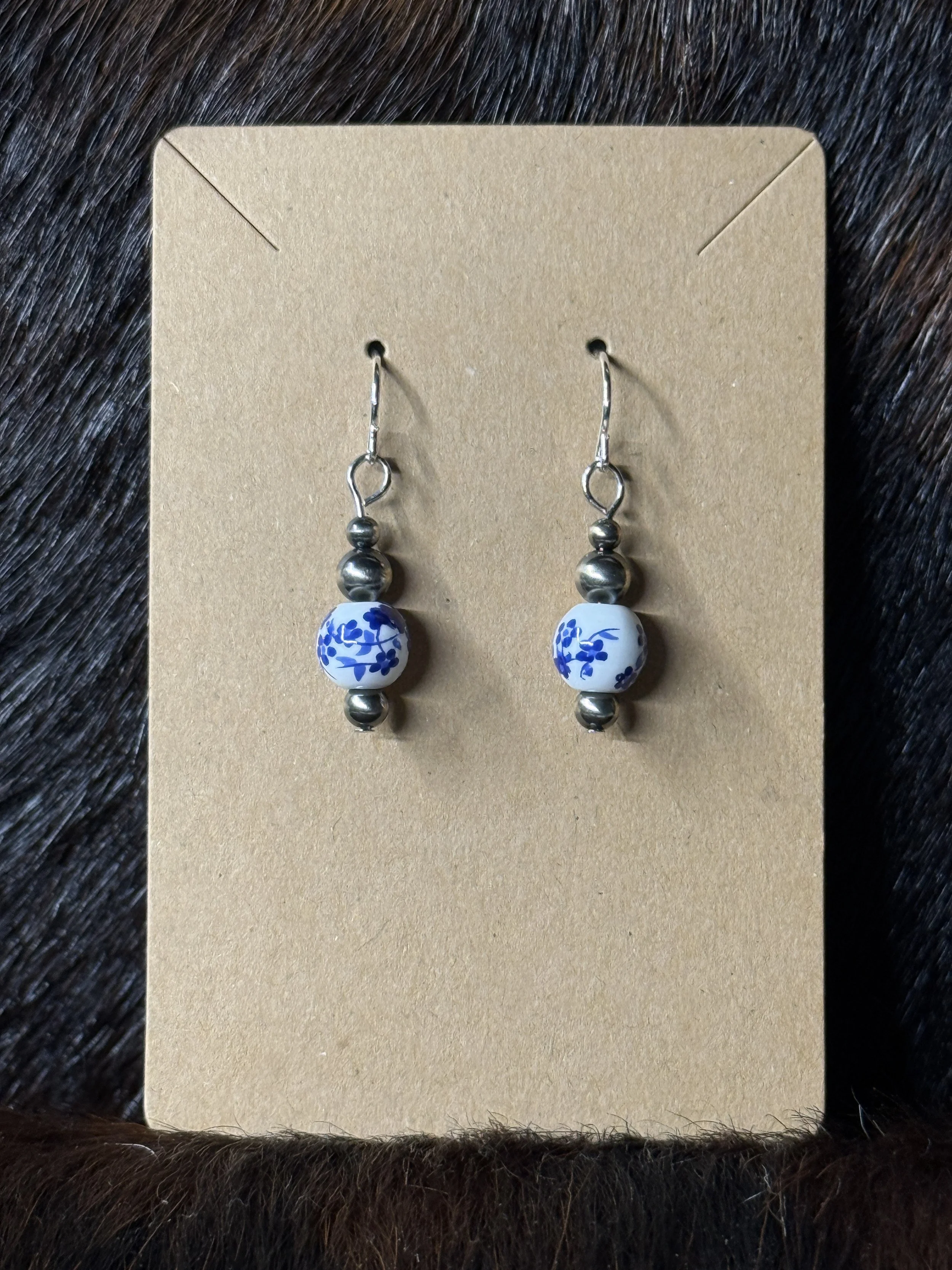 Blue and White Floral Navajo Pearl Earrings