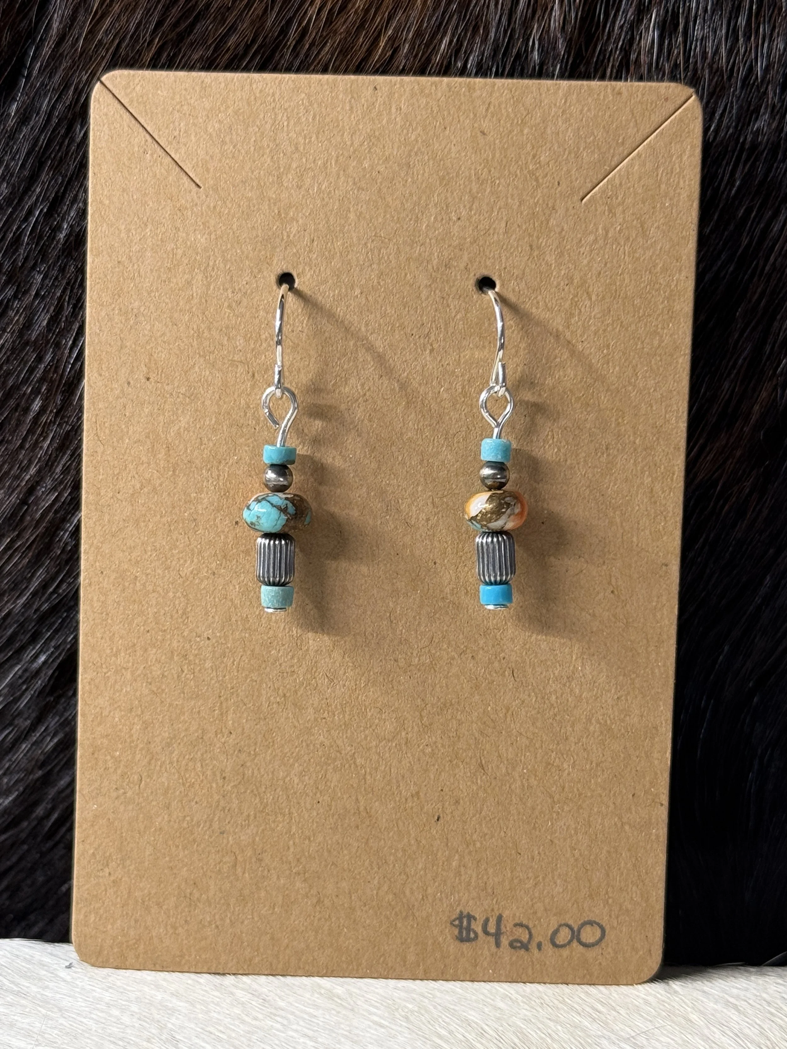 KJC26-148 Earrings: Navajo-style pearls, Kingman Turquoise, Spiny Oyster & Bronze beads, Turquoise