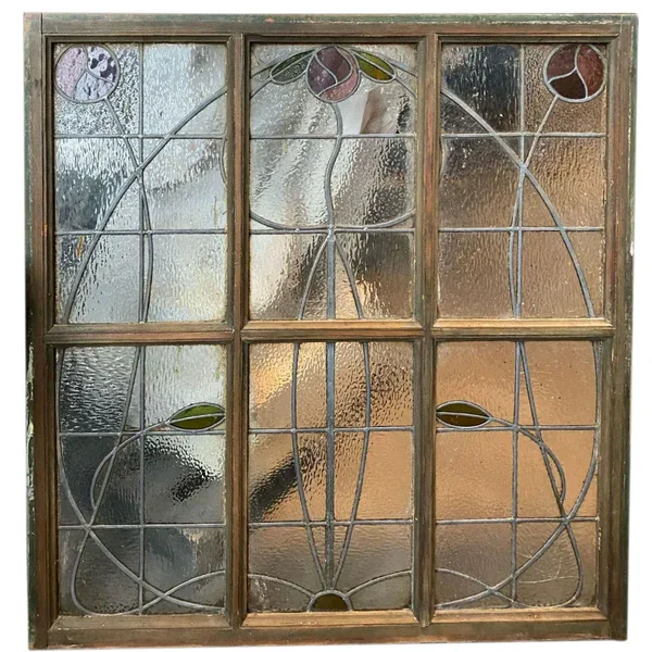 A Pair of Antique English Art Nouveau Stained and Leaded Glass Floral Windows